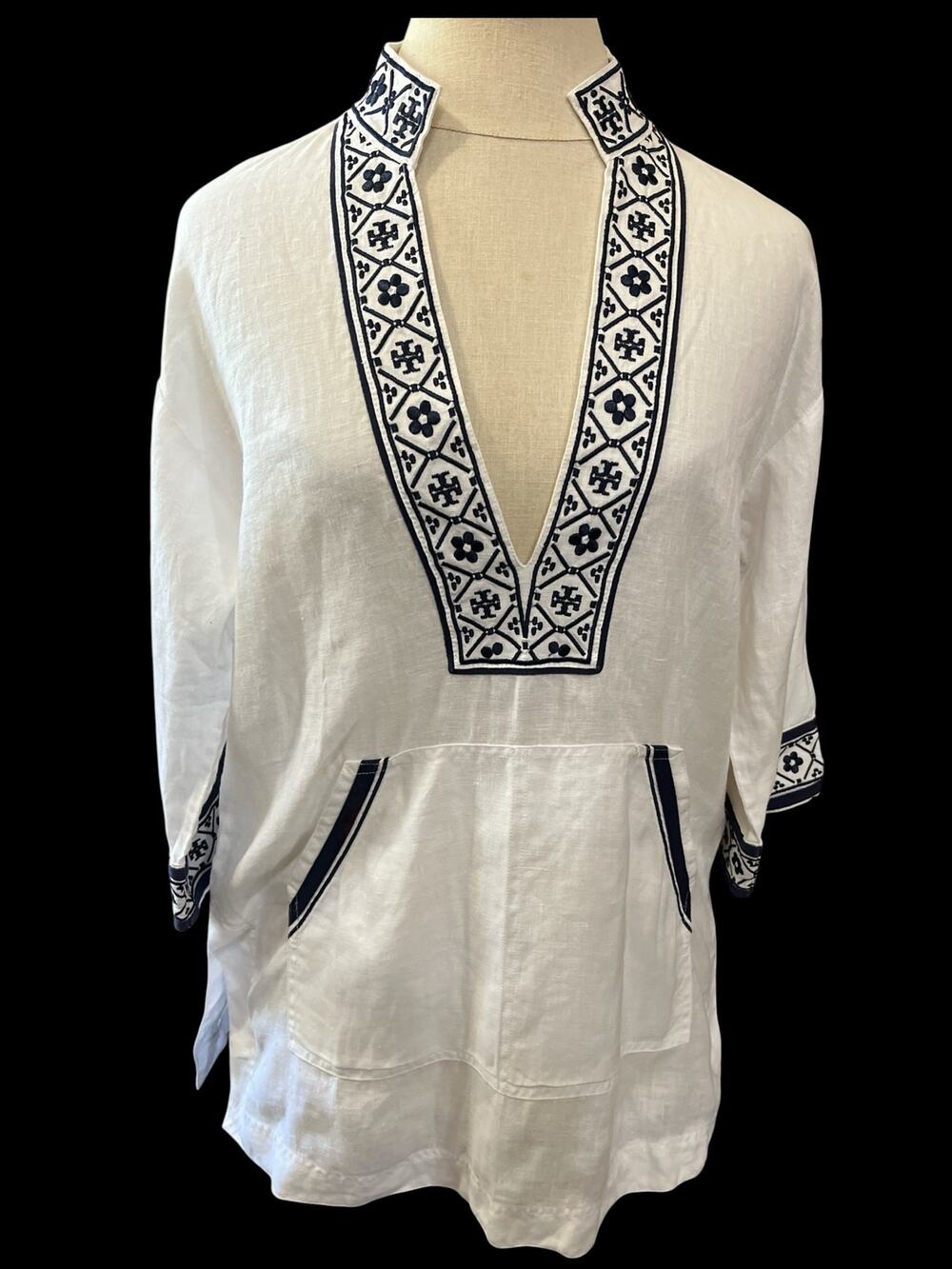 Tory Burch Tunic Top-White Linen-Navy Blue embroidered-Front Pocket-1188